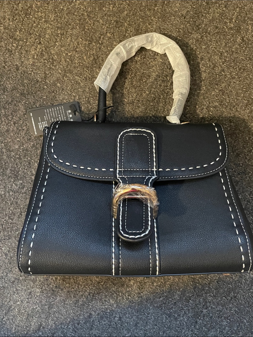 Fashion Top-Handle Satchel Handbag in Black Gold Hardware w/ belt